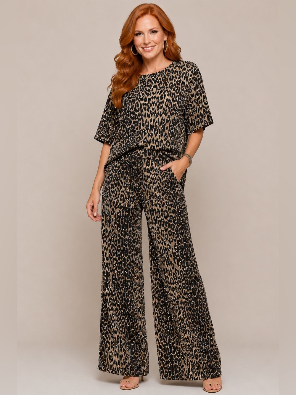 Rhinestone Embellished Leopard Animal Print 2 Piece Wide Leg Pant Set